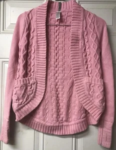 Cárdigan tejido con cable rosa Ivivva by Lululemon suéter algodón niñas talla 10 bolsillos - Imagen 1 de 6