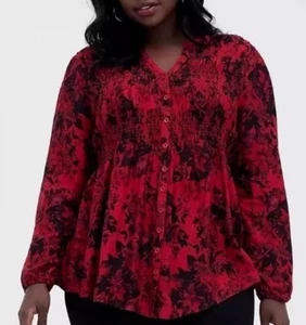 Torrid Tunika Bluse Damen 2X rot schwarz Blumen gesmokt Langarm Babydoll - Bild 1 von 17