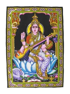Indian Hindu Goddess Saraswati Sequinned Wall Hanging * Fair Trade * 74 x 105 cm - Picture 1 of 3