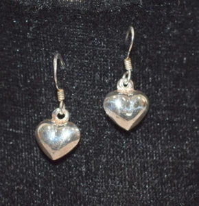 Earrings Silvertone Puffed Hearts Drop Dangle French Wire Smooth - Picture 1 of 11