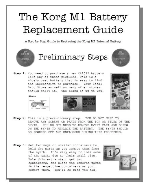 Korg M1 BATTERY REPLACEMENT GUIDE Manual - M 1 M-1 - Image 1 of 1