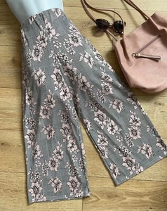 Pantaloni cropped chic vita alta rosa grigio floreale check jersey elasticizzato gamba larga - Foto 1 di 6