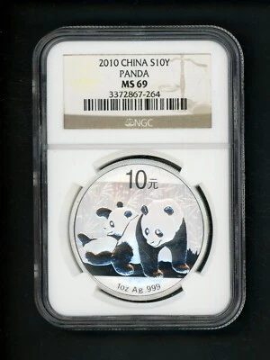 China PRC People's Republic 1 oz 2010 Silver 10Y Yuan Panda NGC MS 69 CHOICE GEM - Image 1 of 4