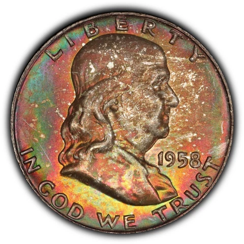 1958-D Franklin Half Dollar PCGS MS66FBL CAC - Beautiful Rainbow Toning Cover