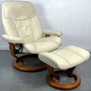 Ekornes Stressless Cream Leather "CONSUL" Swivel Recliner Chair and Ottoman - Picture 1 of 19