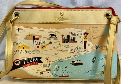 Spartina 449 Greetings From Texas Map Crossbody Bag Gold Trim Red Zip - Image 1 of 4