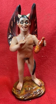 Mexican Ceramic Folk Art Pablo Paredes Goche Nasty Naked Devil Drinking Beer - Image 1 of 4