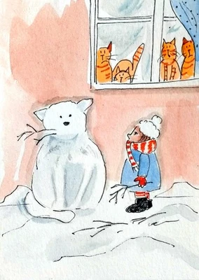 ¡NUEVO! ACEO original hecho a mano acuarela retrato niña, bebé, gatos infancia Foto 1 de 4