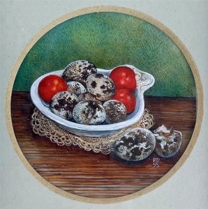 PAULINE DENYER DES Miniature Watercolour Painting QUAIL EGGS & CHERRY TOMATOES - Picture 1 of 10
