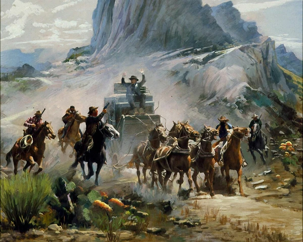 16X20,A Western Attack on A Stagecoach,Oil Painting Art Print Decor on Canvas