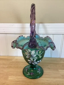 Fenton New Century XXI Collection 10.5" Amethyst & Green Flower Dragonfly Basket - Picture 1 of 9
