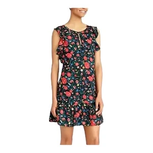 J Crew Womens Large Floral Flutter Sleeve Shift Dress Black Red Multicolor - Picture 1 of 8