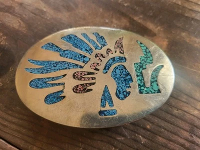 Cinturón de cabeza india turquesa aplastado con incrustaciones de plata de alpaca étnica de colección con hebilla Foto 1 de 4