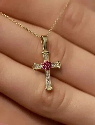 14K Yellow Gold Plated 2.40 Ct Round Lab-Created Pink Ruby Cross Pendant - Image 1 of 4