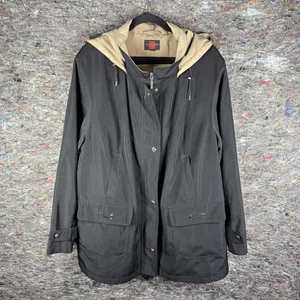 Gallery Woman Jacket Womens Large Black Tan Hooded Parka Coat Full Zip Pockets - Picture 1 of 14