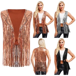 Women Vest Lapel Waistcoat Sparkly Shrug Tassel Cardigan Open Front Top Disco - Picture 1 of 41