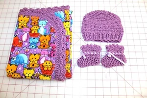 Purple Kitty Cat Flannel Baby Blanket SET with Hat &Booties. Crocheted edges. - Picture 1 of 12