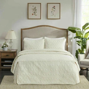 NEW ~ BEAUTIFUL CHIC XXL IVORY WHITE STITCH EXTRA LARGE SOFT BEDSPREAD QUILT SET - Picture 1 of 6