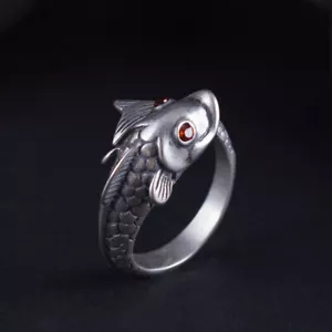 Ring Fisch 50 - 60 Verstellbar 4,2 g Silber 925 Geschwärzt Damen Herren - Bild 1 von 8
