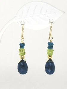 14k Yellow Gold Sim. London Blue Topaz Briolette Peridot Apatite Dangle Earrings - Picture 1 of 4