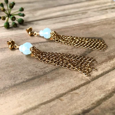 Opal Glass Crystal & Gold Chain Tassel Earrings Long Maximalist Boho Party - Image 1 of 4