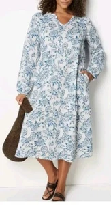 Pure Jill Organic Cotton Dress Sz M Cabana Blue & White Safron Flower Midi Dress - Picture 1 of 11
