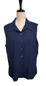 Liz Claiborne Collection Sleeveless Button Up Shirt Black Blue Diamond Print 16 - Picture 1 of 10