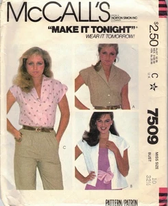 7509 McCall's Misses' SHORT SLEEVE BLOUSE PATTERN Size 12  Vintage 80"s - Picture 1 of 2