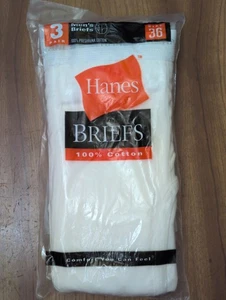 Vintage 2000 Y2K Size 36 Hanes Briefs 3-Pack White Briefs NOS Made In USA - Picture 1 of 5