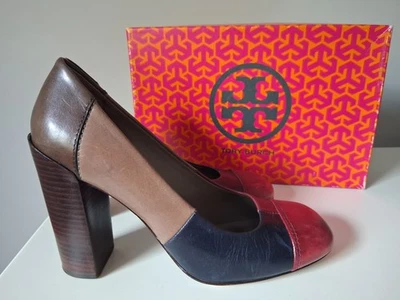 Vintage Tory Burch Karen Pump 8 Block Heel Navy Berry Red Brown Leather Shoes  - Image 1 of 4