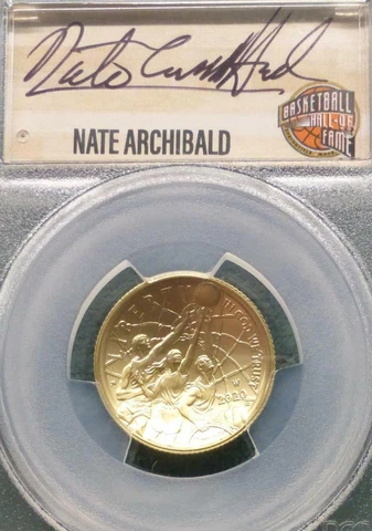 2020 W PCGS MS70 GOLD Basketball Hall of Fame $5, Nate Archibald Signed, Pop 3 Cover