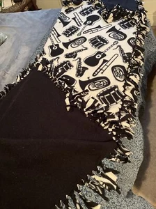 Musical Instruments No Sew Throw Blanket Hand Tied Fleece Cream color With Black - Picture 1 of 6
