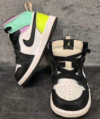 Toddler Nike Air Jordan 1 Mid Athletic Shoe Black White Yellow Teal Sz 6C - Image 1 of 4