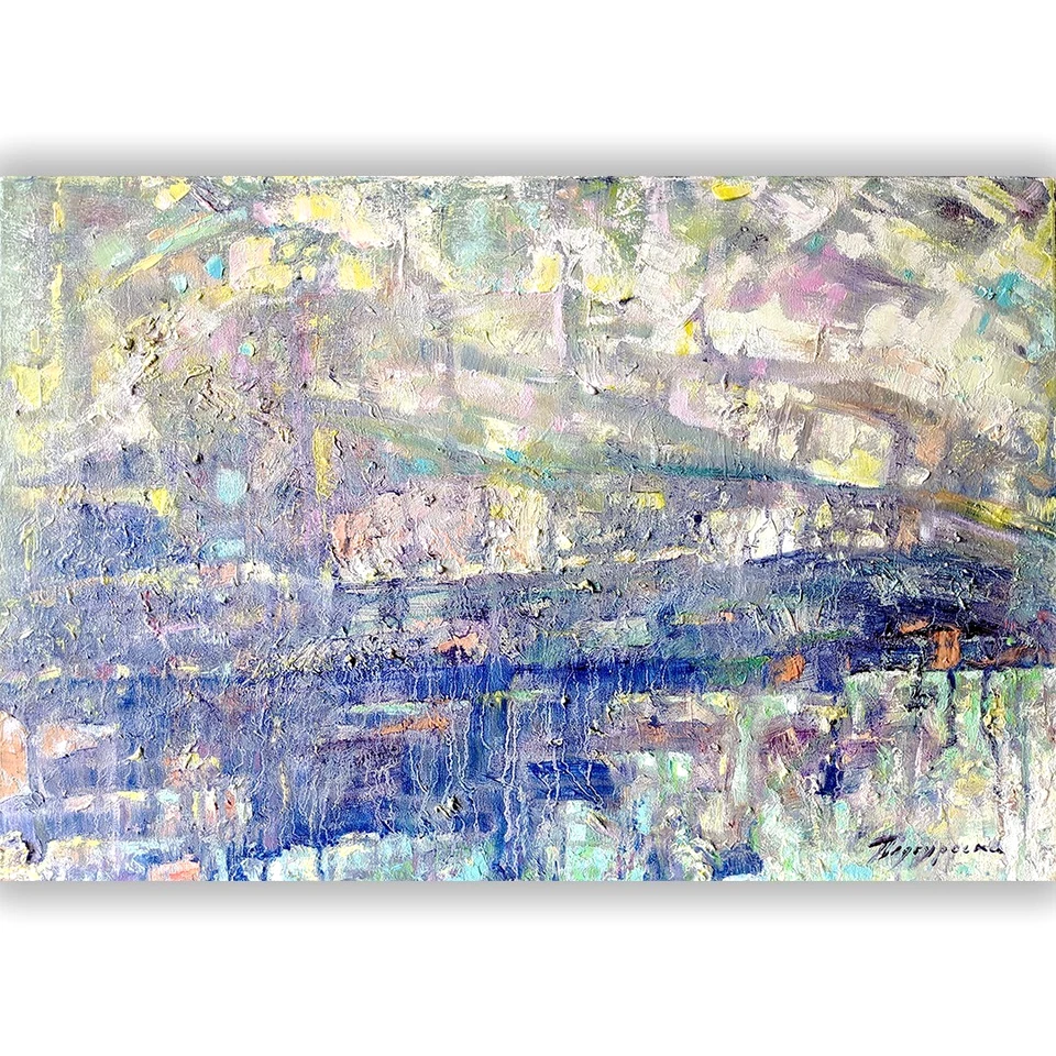 Pintura a óleo original paisagem abstrata arte de parede texturizada cores pastel - Imagem 1 de 4