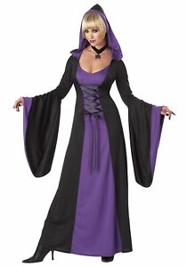 Gothic Hooded Robe Costume Dress Womens Black Purple Vampiress Witch XS 4-6