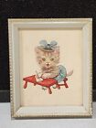 Vintage Art Print GIRL KITTY CAT AT DESK Reliance Industries Chicago