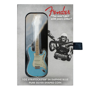 Pièce de 2 $ en forme de guitare Fender Stratocaster Daphné bleu 2023 1 oz 999
