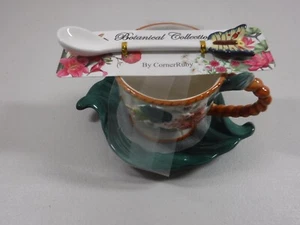 Botanical Collection By CornerRuby 3 Piece Tea Cup Saucer Spoon With Butterfly - Picture 1 of 3