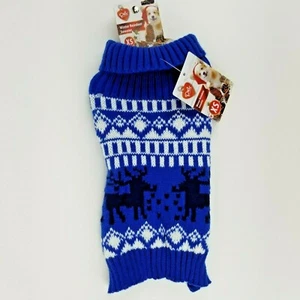 Puppy Dog Blue Christmas Winter Sweater XS Reindeer Fold Down Collar - Picture 1 of 3