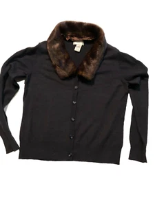 Chadwicks Women Cardigan Sweater Brown Removable Faux Fur Collar Long Sleeve M - Picture 1 of 6