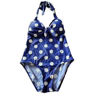 Traje de baño Boden azul y blanco a lunares de una pieza con corbata halter. Talla 6 Foto 1 de 4