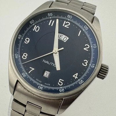 Nautica Swiss Quartz Watch Men 100m Silver Blue Steel Analog ~For Parts Repair - Image 1 of 4