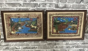 Vintage Mexican Folk Art Painting Bright Birds Animals Amate Bark Paper Framed - Picture 1 of 9