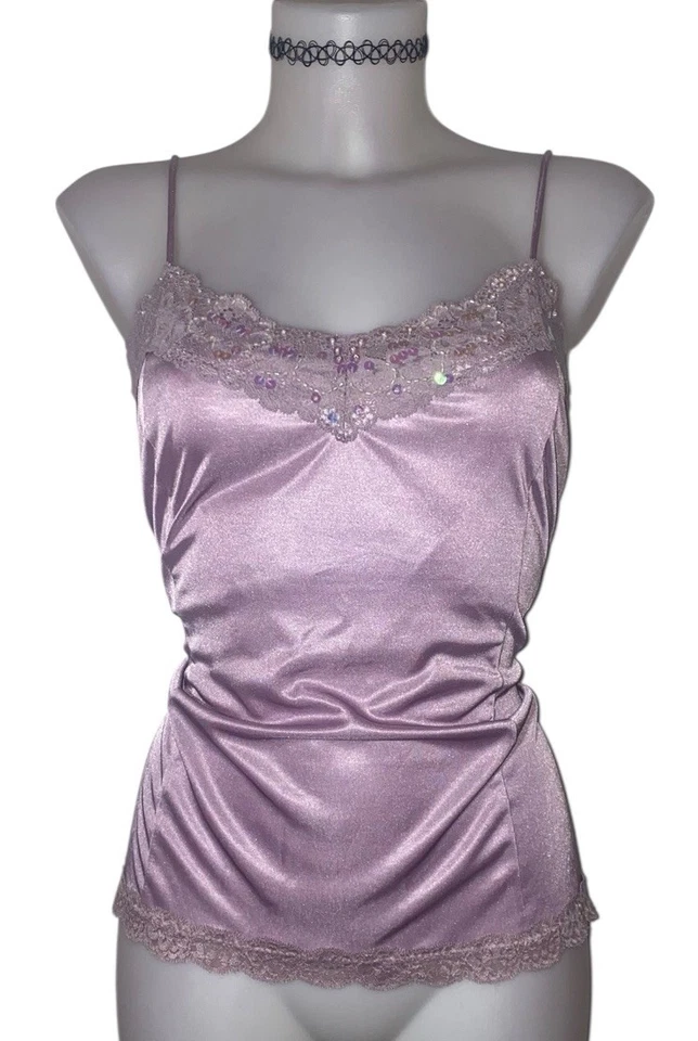 Camiseta sin mangas Y2k 90s para mujer babydoll coqueta kawaii cami púrpura con cuentas de encaje talla XL Foto 1 de 4