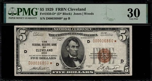 1929 $5 Federal Reserve Bank Note Cleveland - Star Note - FR.1850-D* - PMG 30 - Picture 1 of 2