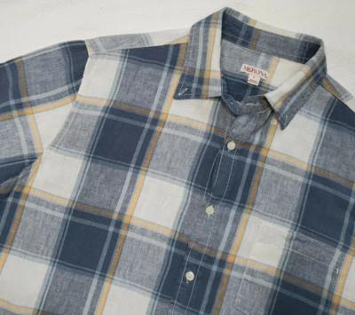 Merona Linen Blend Button Front Shirt Mens L Gray Blue White Plaid Short Sleeve - Image 1 of 4
