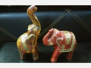 2 Wooden Elephant Hand Carved Brass Inlay Made in India Estate Sale Find - Picture 1 of 1