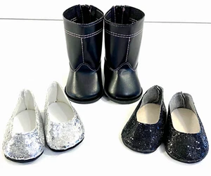 Doll Shoe Boots Lot SILVER BLACK GLITTER Shoes for 18 Inch American Girl Clothes - Picture 1 of 6