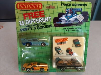 VTG 1983 Matchbox Track Burners 3 Car Pack Porsche-Mustang-Chevy MOC Sealed Z4 - Image 1 of 4