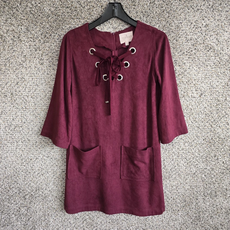 Moon River Anthropologie Dress Womens XS Velour Burgundy Lace Up Boho Ladies - Image 1 of 4